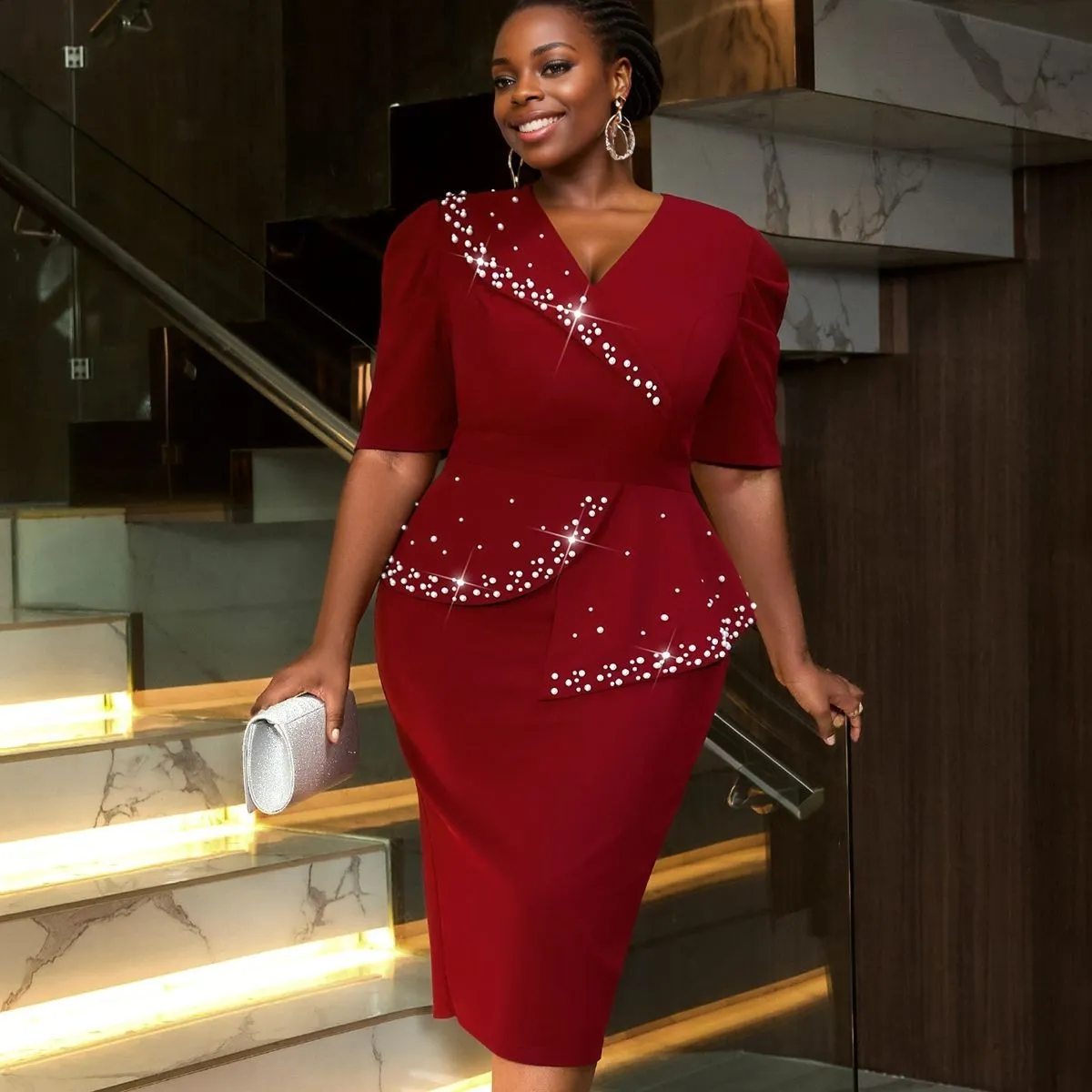 Stunning Beaded Ruffle Bodycon Dress with Elegant V-Neck and Sparkling Detail for Formal Parties