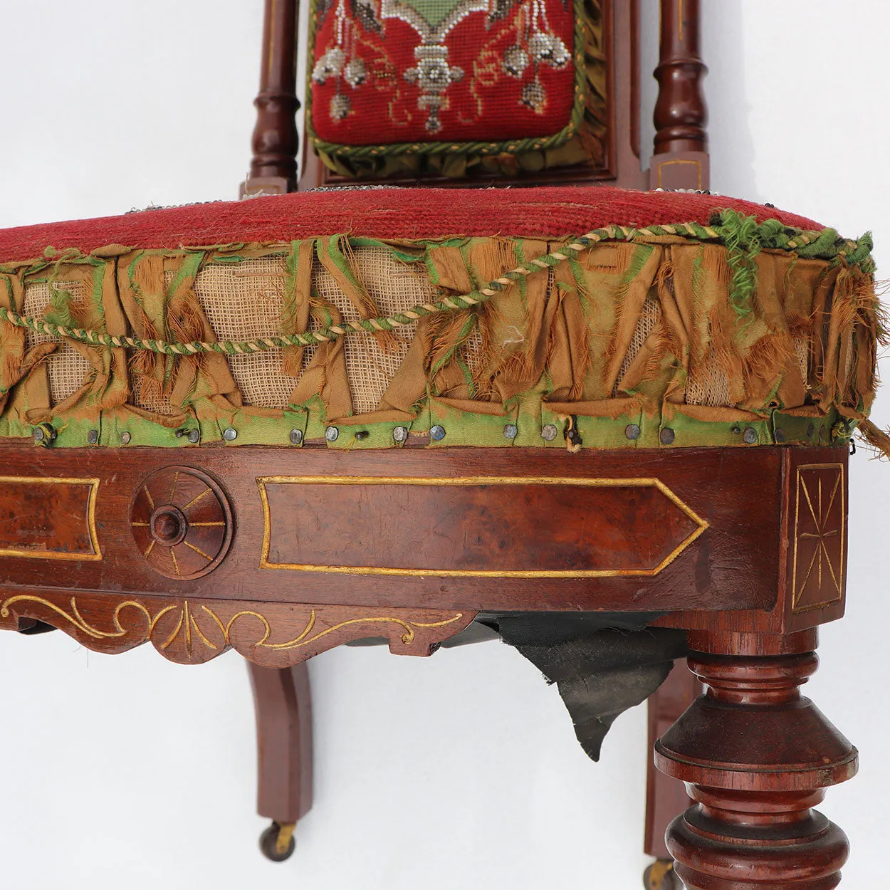 Tall English Walnut Crewelwork Upholstered Parlor Slipper Chair