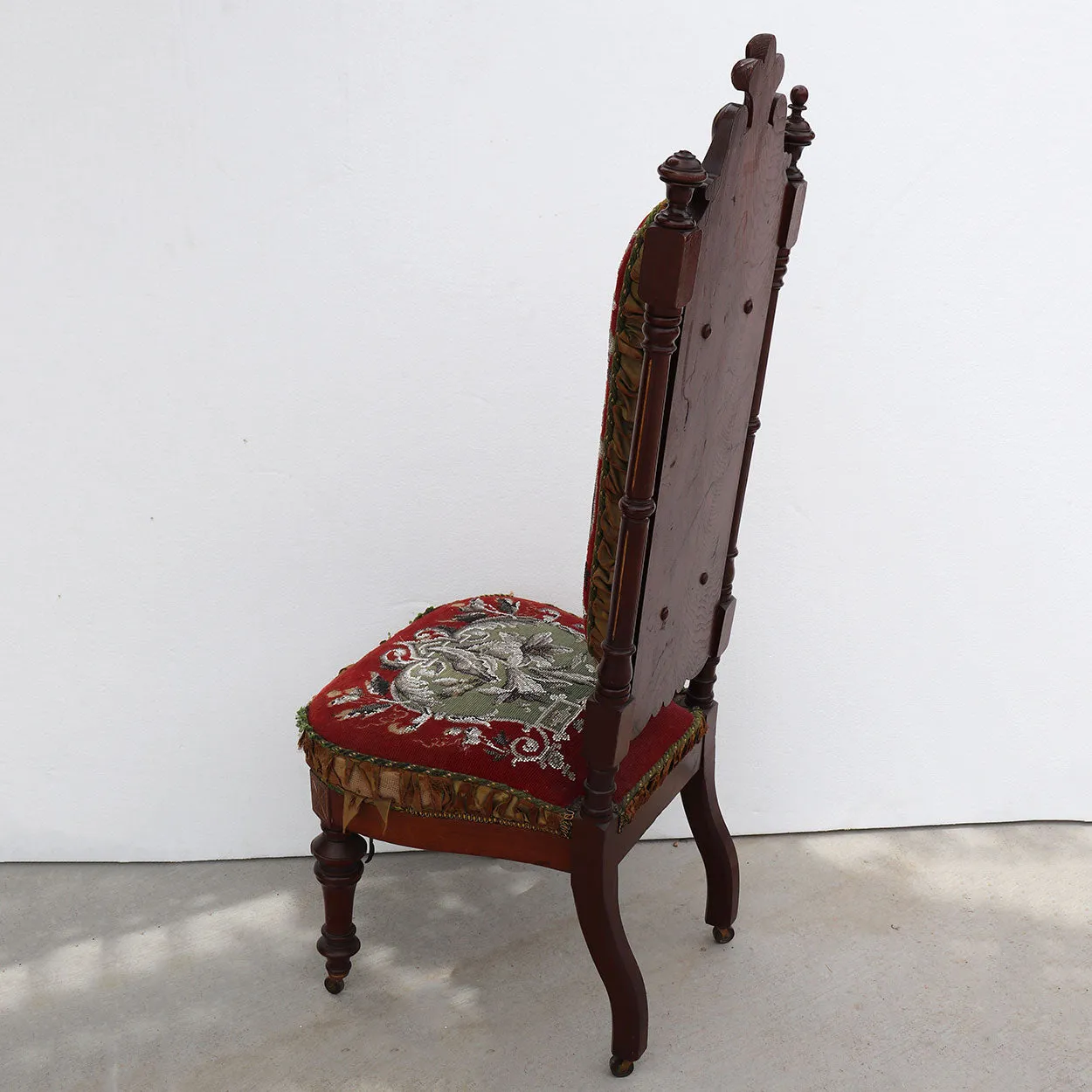 Tall English Walnut Crewelwork Upholstered Parlor Slipper Chair