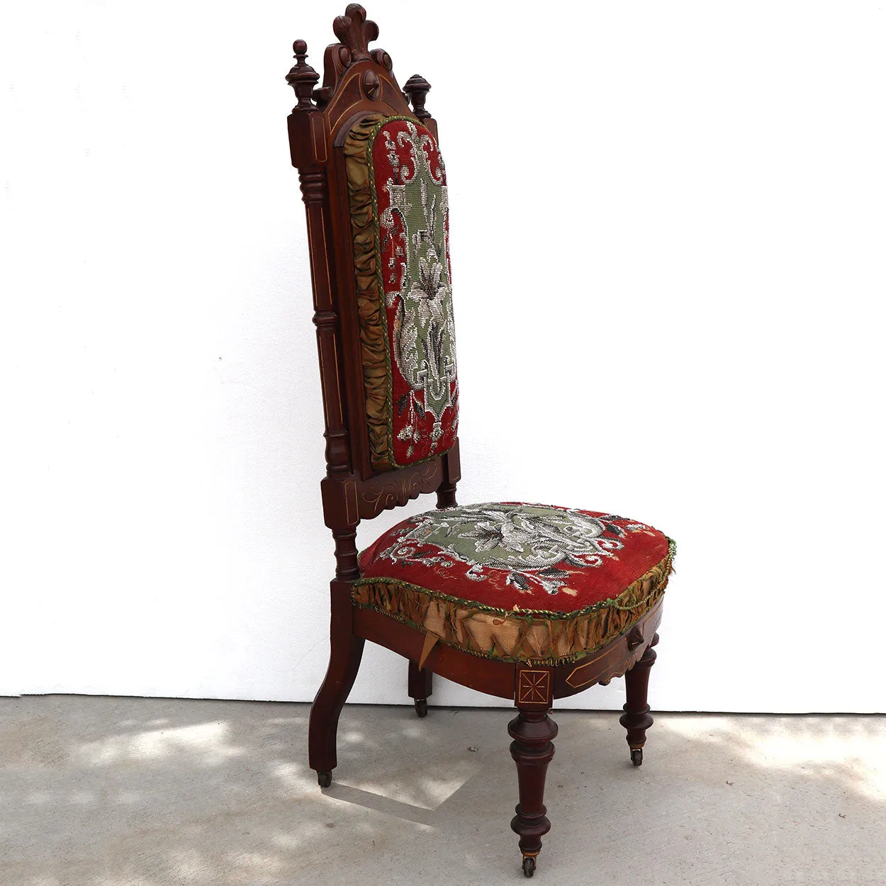 Tall English Walnut Crewelwork Upholstered Parlor Slipper Chair