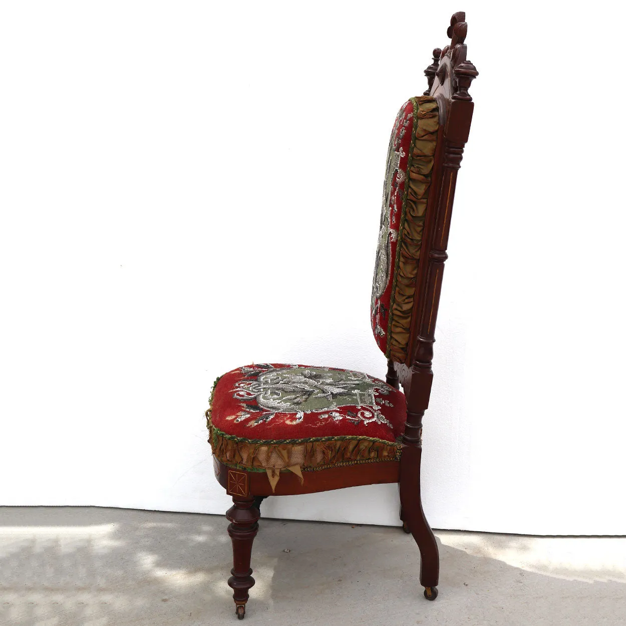Tall English Walnut Crewelwork Upholstered Parlor Slipper Chair