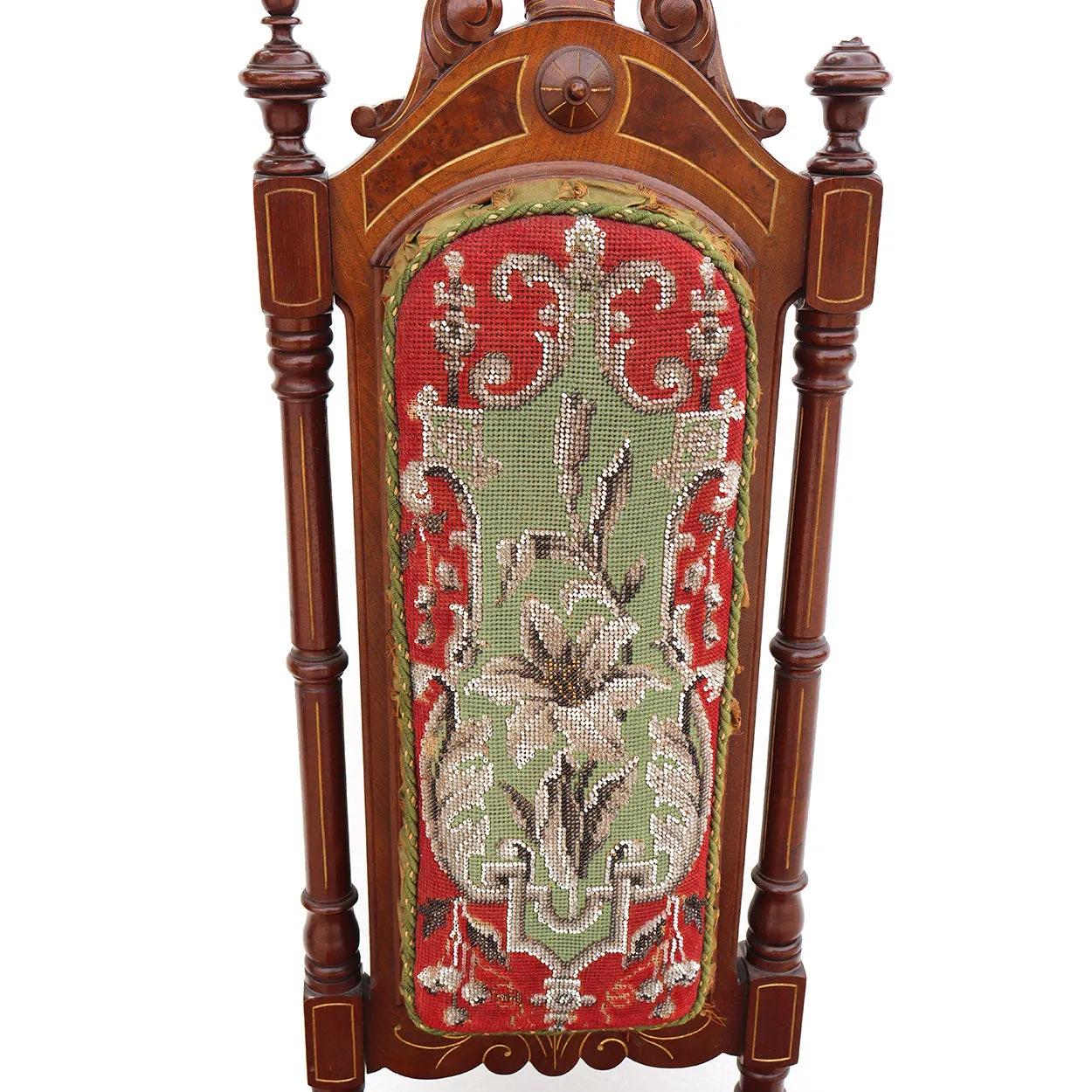 Tall English Walnut Crewelwork Upholstered Parlor Slipper Chair