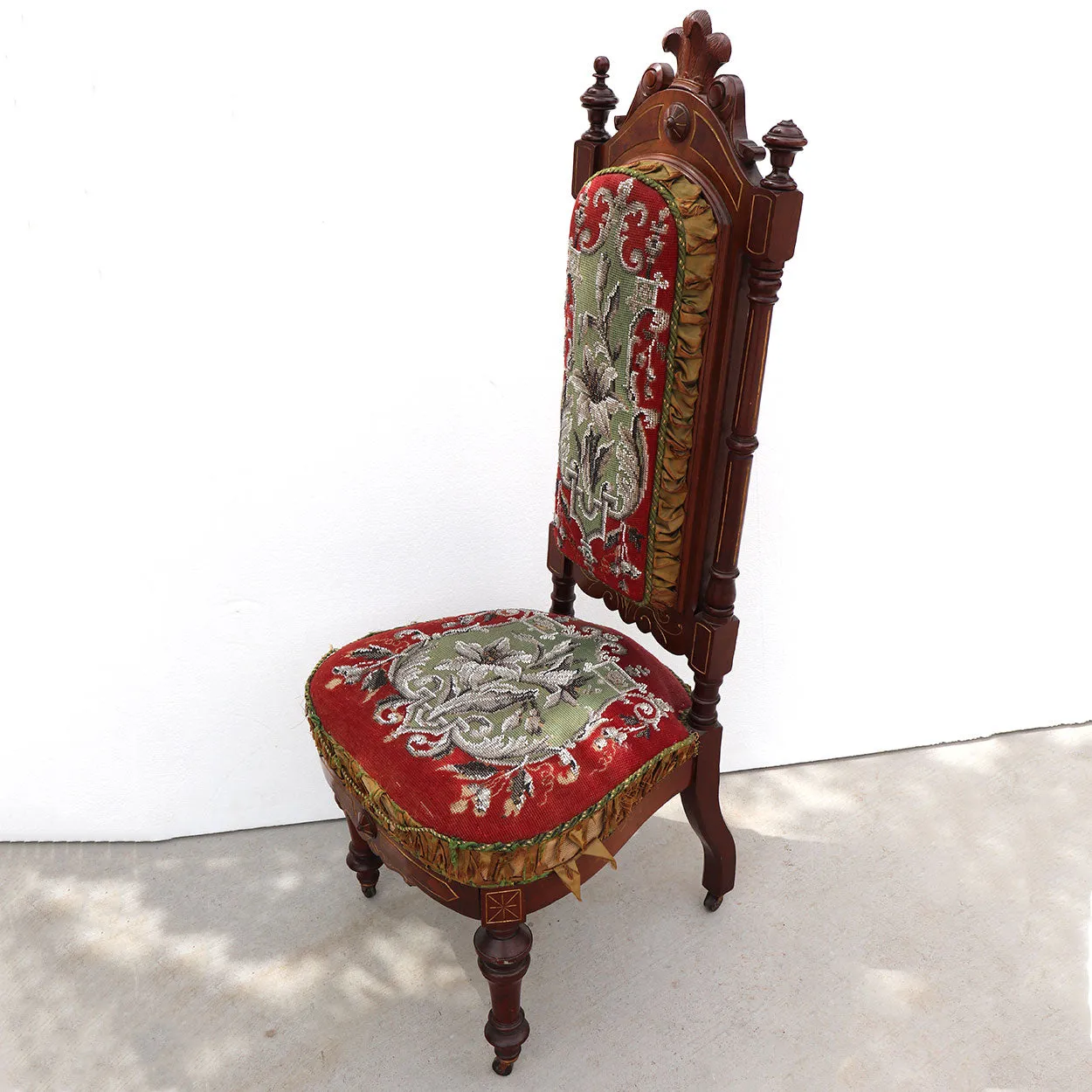 Tall English Walnut Crewelwork Upholstered Parlor Slipper Chair