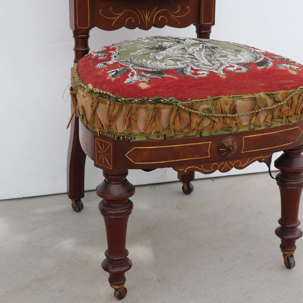 Tall English Walnut Crewelwork Upholstered Parlor Slipper Chair