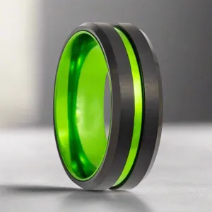 TESLA | Green Ring, Black Tungsten, Green Groove, Beveled Edges
