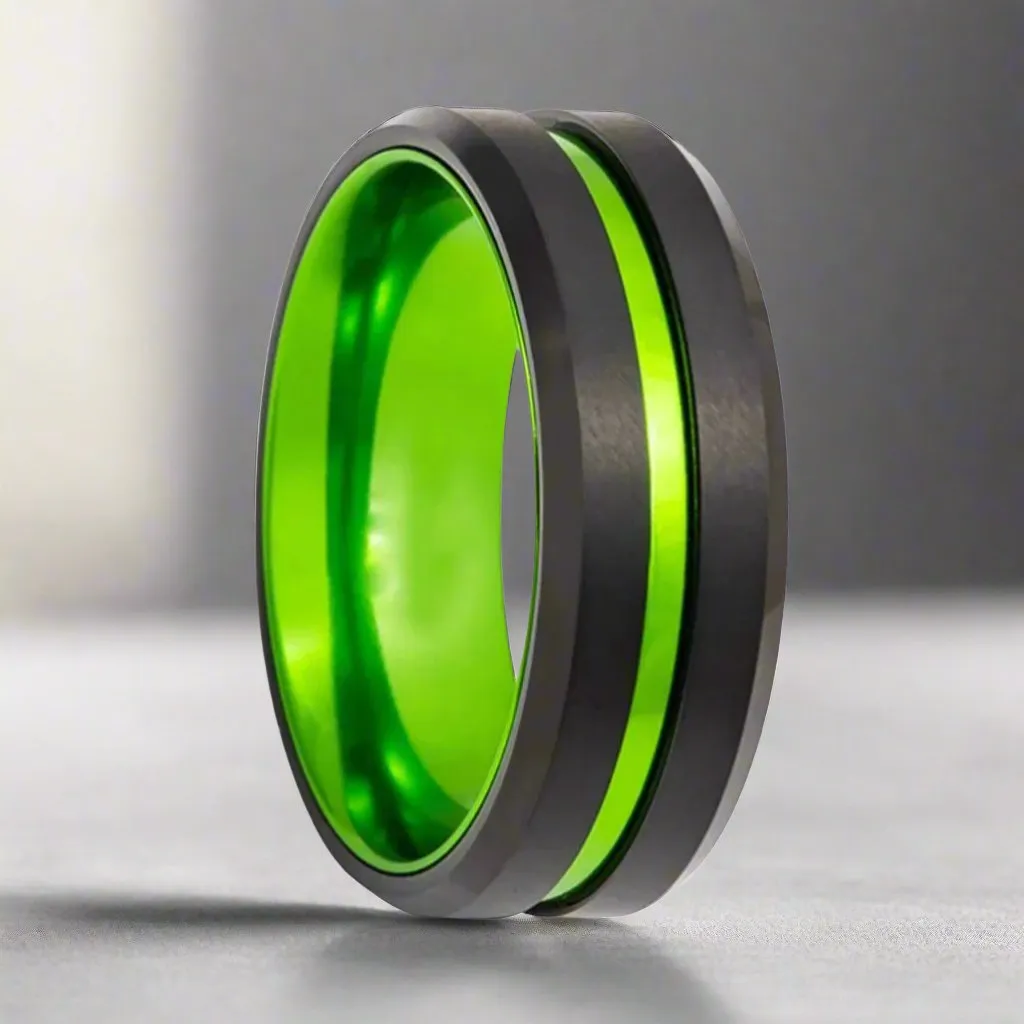 TESLA | Green Ring, Black Tungsten, Green Groove, Beveled Edges