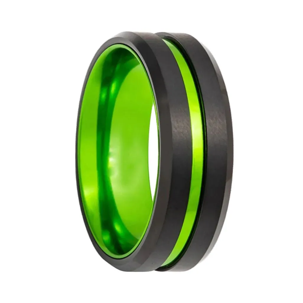 TESLA | Green Ring, Black Tungsten, Green Groove, Beveled Edges