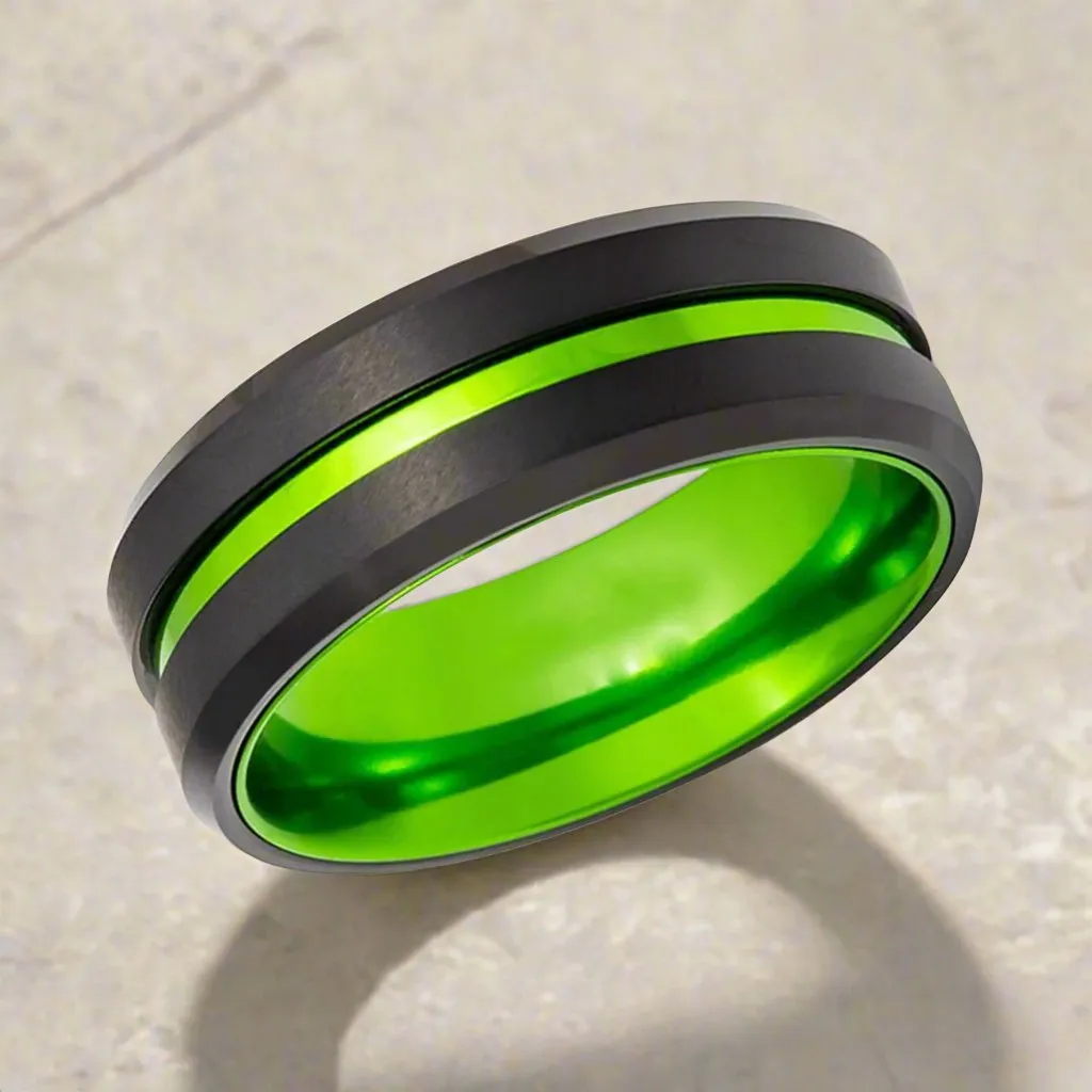 TESLA | Green Ring, Black Tungsten, Green Groove, Beveled Edges