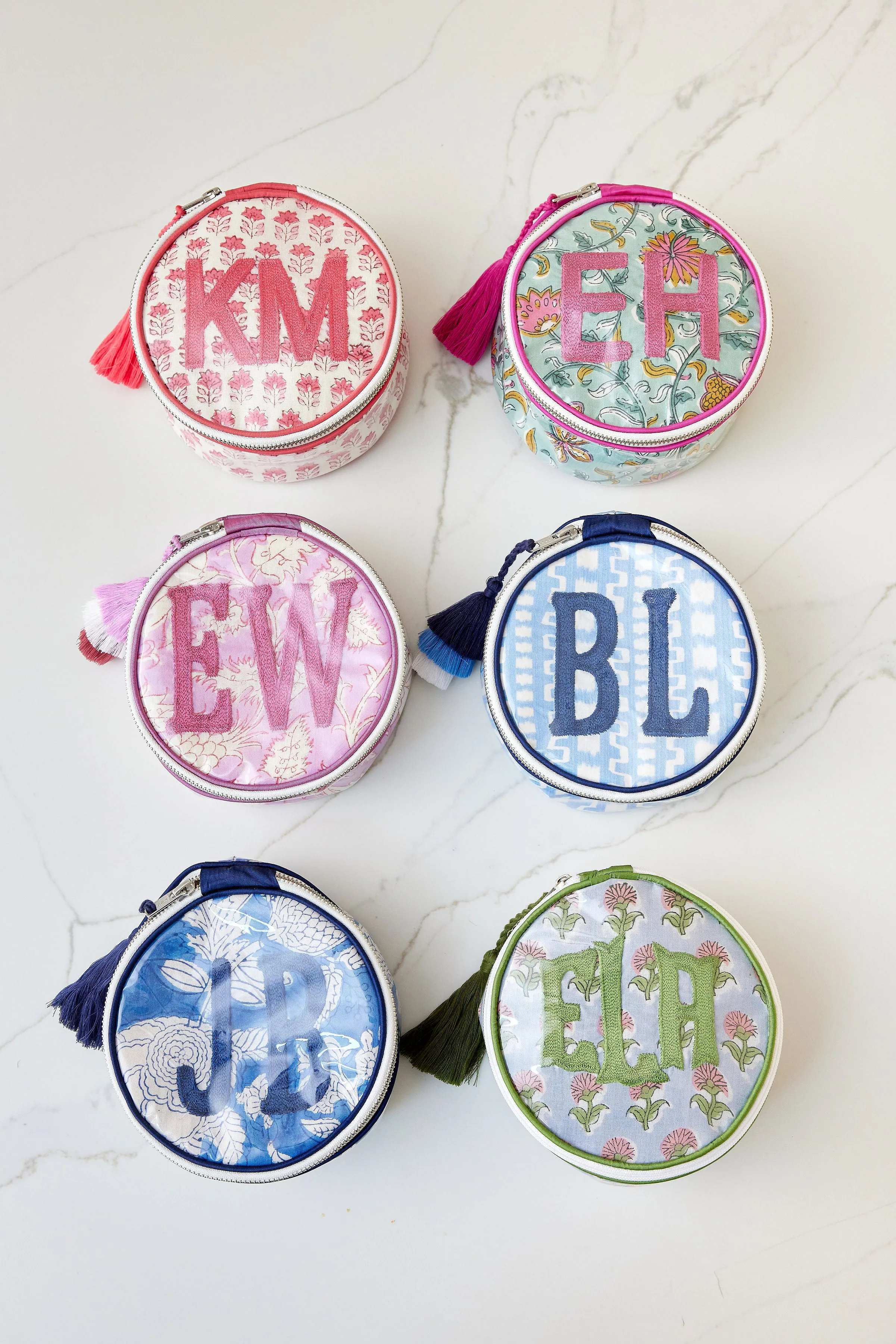 The India Round - Blue-Gray/Pink/Green - Monogrammed