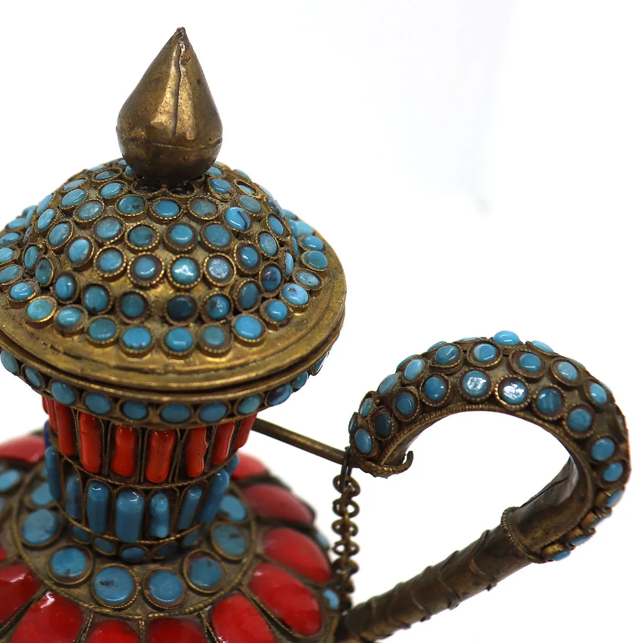 Tibetan / Nepalese Red and Turquoise Beaded Brass Filagree Tea Pot
