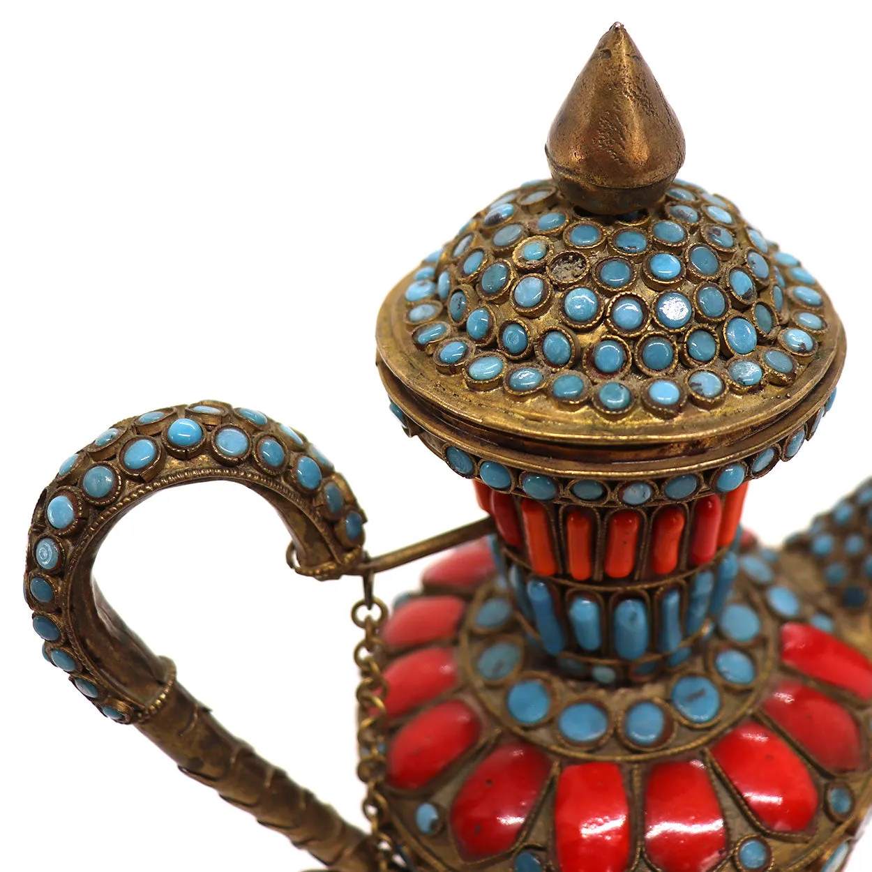 Tibetan / Nepalese Red and Turquoise Beaded Brass Filagree Tea Pot