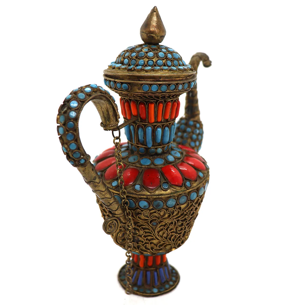 Tibetan / Nepalese Red and Turquoise Beaded Brass Filagree Tea Pot