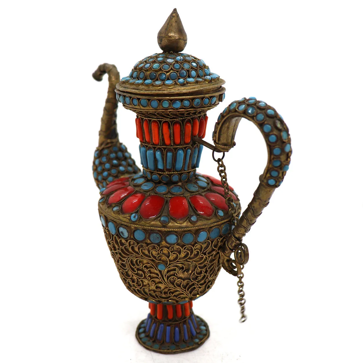Tibetan / Nepalese Red and Turquoise Beaded Brass Filagree Tea Pot