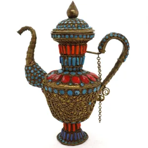Tibetan / Nepalese Red and Turquoise Beaded Brass Filagree Tea Pot