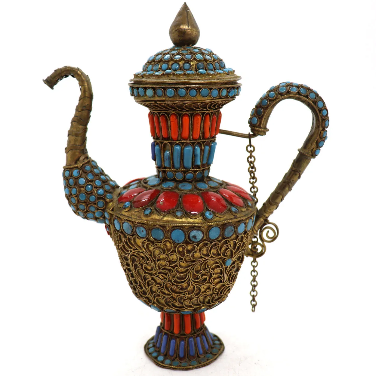 Tibetan / Nepalese Red and Turquoise Beaded Brass Filagree Tea Pot