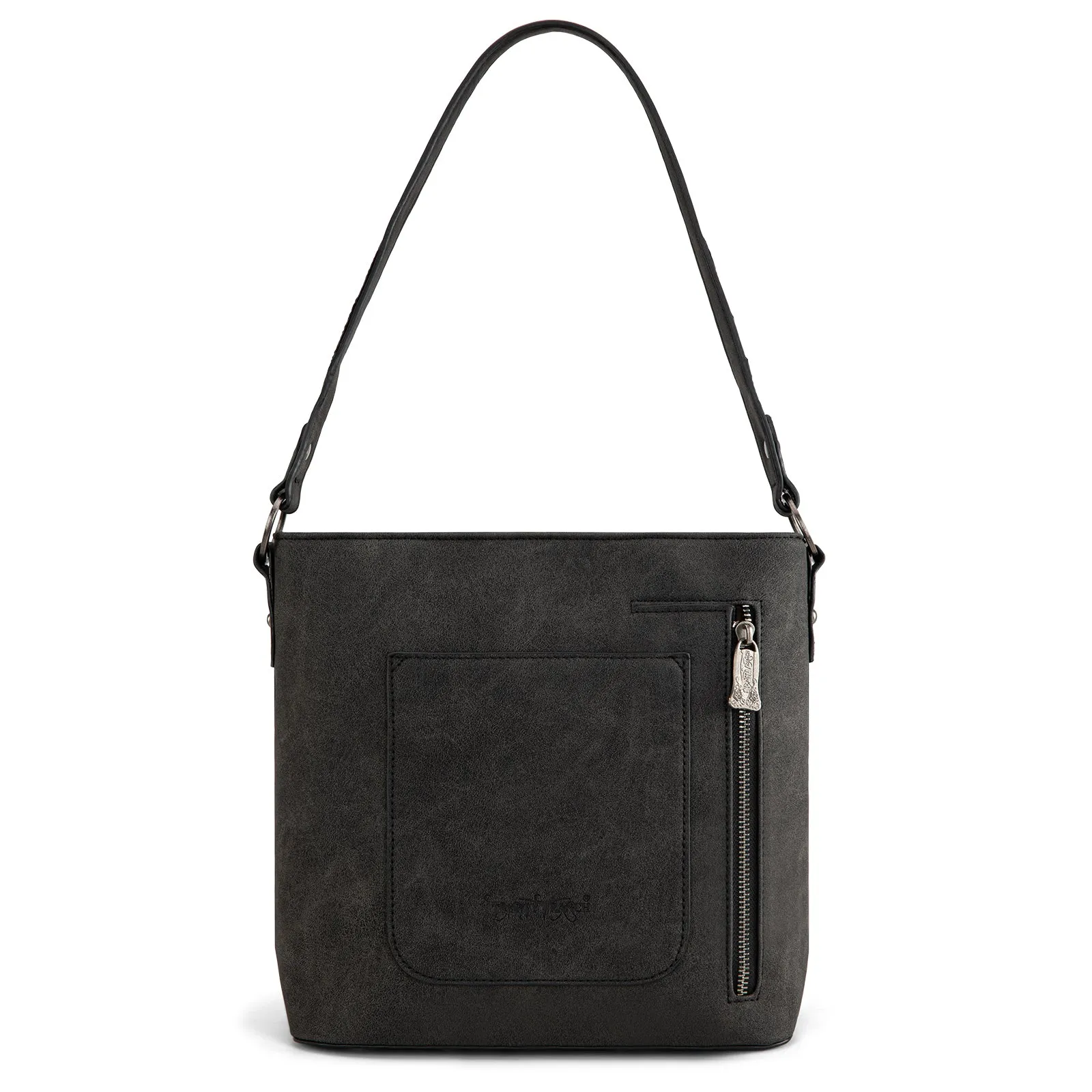 TR185G-918  Trinity Ranch Genuine Hair-On Cowhide Tooled Concealed Carry Hobo Bag- Black
