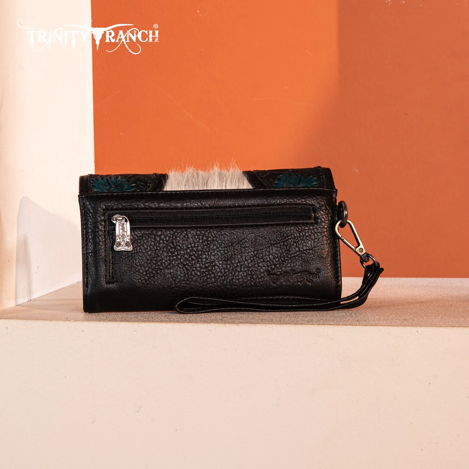 TR187-W002  Trinity Ranch Floral Tooled and Hair-On Cowhide Collection Wallet - Black