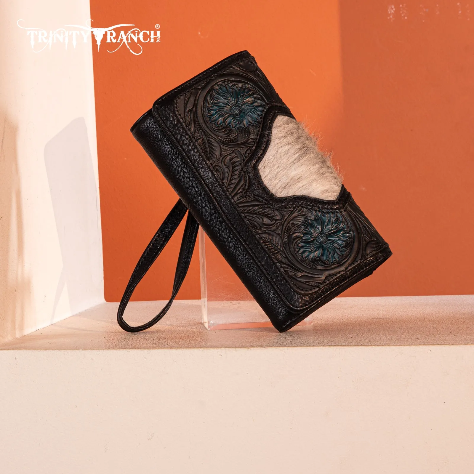 TR187-W002  Trinity Ranch Floral Tooled and Hair-On Cowhide Collection Wallet - Black