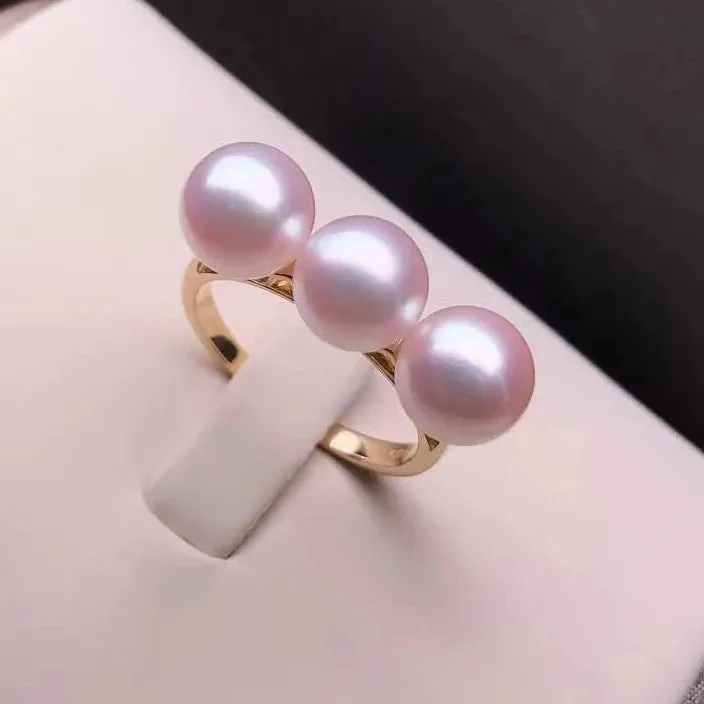 Tri-Pearl 7.5-8.0 mm Japanese Cultured Akoya Pearl Ring Mounted on 18K Gold