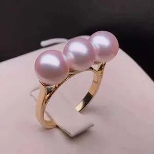 Tri-Pearl 7.5-8.0 mm Japanese Cultured Akoya Pearl Ring Mounted on 18K Gold