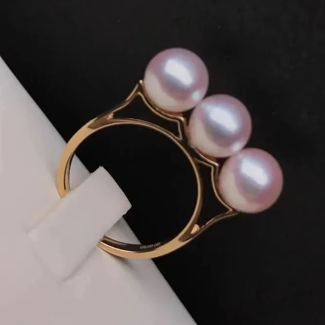Tri-Pearl 7.5-8.0 mm Japanese Cultured Akoya Pearl Ring Mounted on 18K Gold