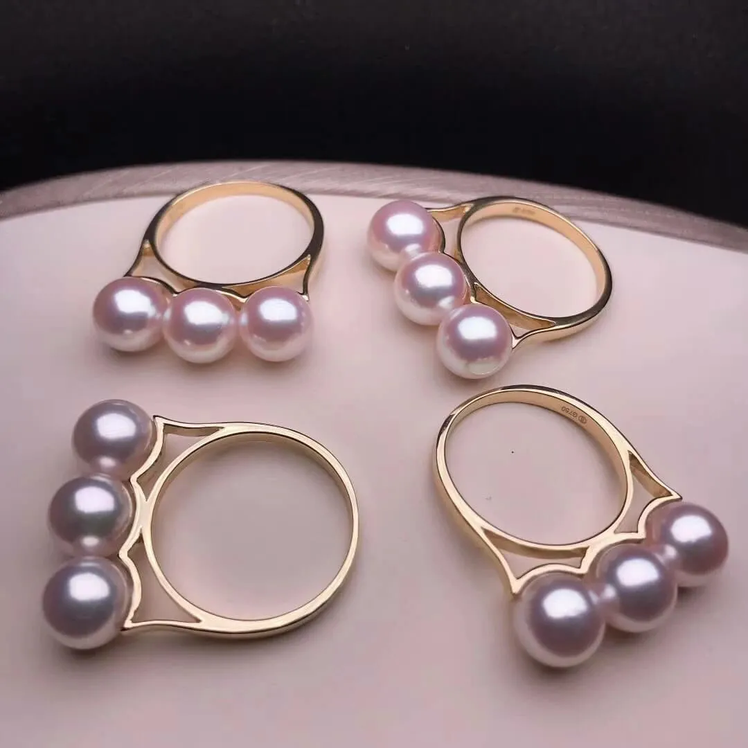 Tri-Pearl 7.5-8.0 mm Japanese Cultured Akoya Pearl Ring Mounted on 18K Gold