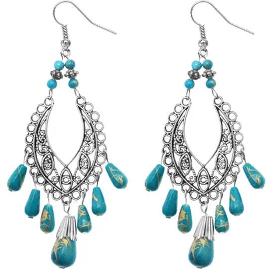 Turquoise Silver Beaded Filigree Drop Earrings