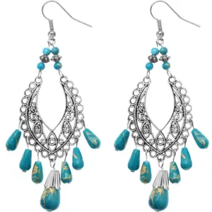 Turquoise Silver Beaded Filigree Drop Earrings