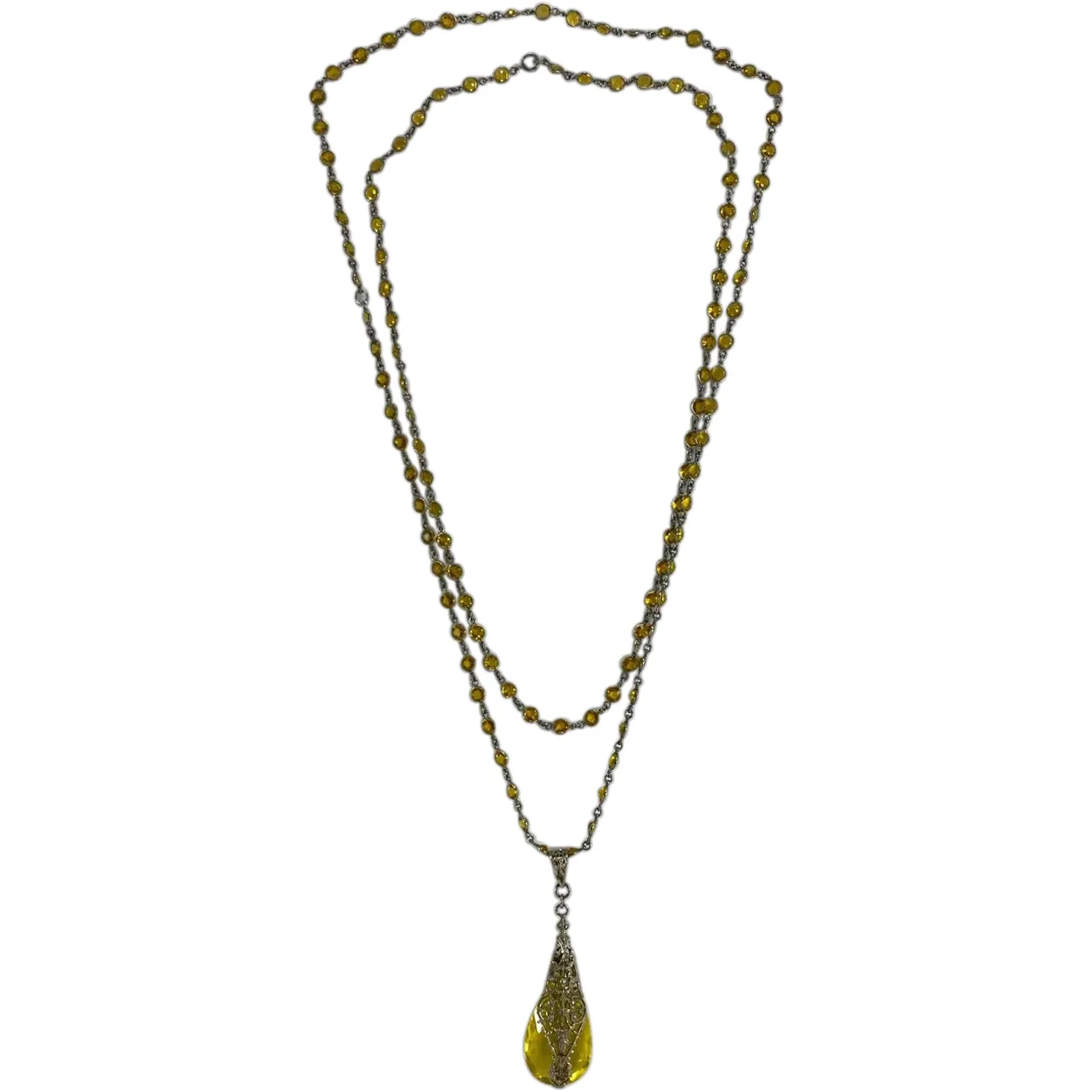 Two-Piece Czechoslovakian Art Deco Yellow Crystal Briolette Pendant Necklace