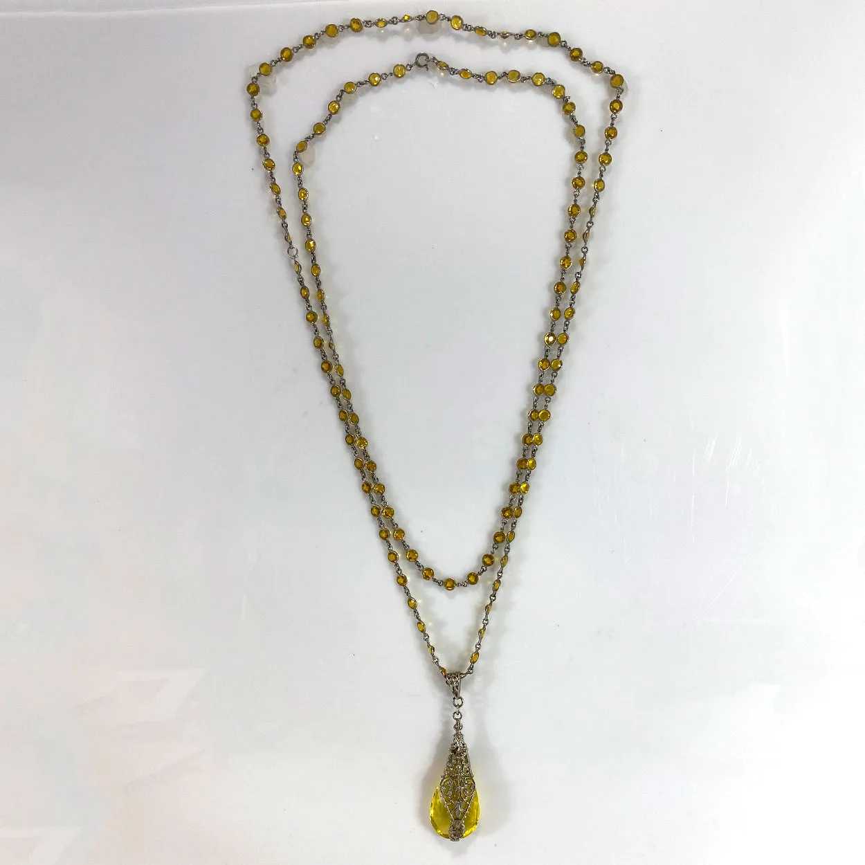 Two-Piece Czechoslovakian Art Deco Yellow Crystal Briolette Pendant Necklace