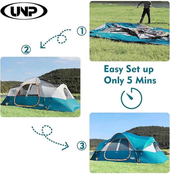UNP Camping Tent 10-Person-Family Tents, Parties, Music Festival Tent, Big, Easy Up, 5 Large Mesh Windows, Double Layer, 2 Room, Waterproof, Weather Resistant, 18ft x 9ft x78in