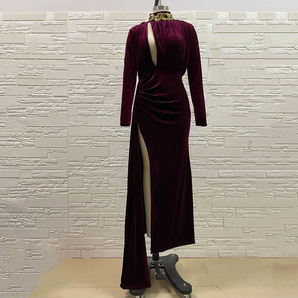 Velvet Cut Out High Slit Draping Maxi Gown