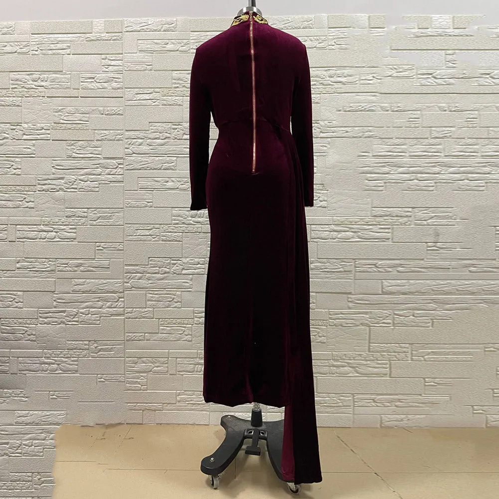 Velvet Cut Out High Slit Draping Maxi Gown