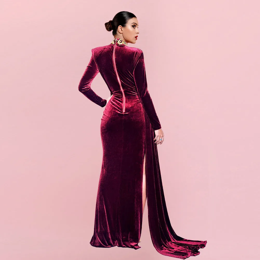 Velvet Cut Out High Slit Draping Maxi Gown