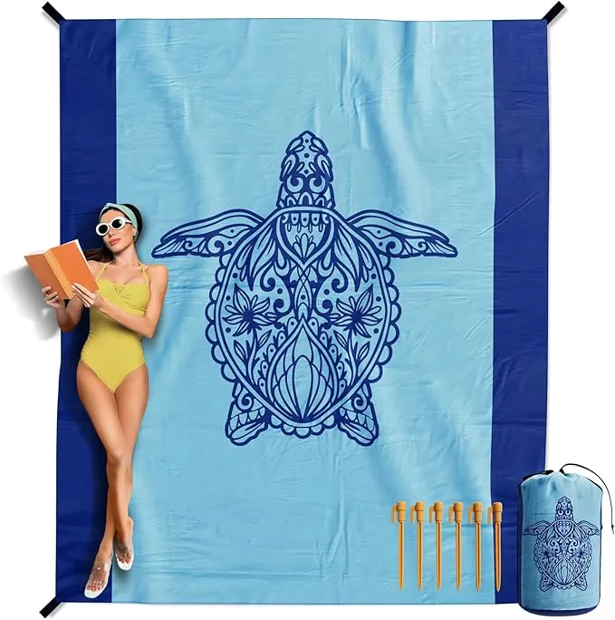VENTURE 4TH Family-Size Beach Blanket: Sandproof, Waterproof, Lightweight & Compact. Includes Stakes and Carry Bag. 7x8 feet XL Mandala Turtle