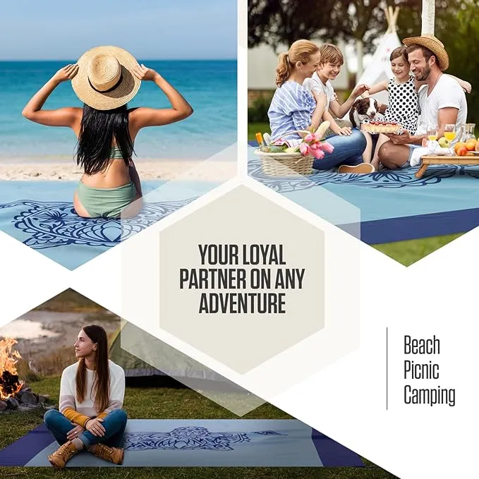 VENTURE 4TH Family-Size Beach Blanket: Sandproof, Waterproof, Lightweight & Compact. Includes Stakes and Carry Bag. 7x8 feet XL Mandala Turtle