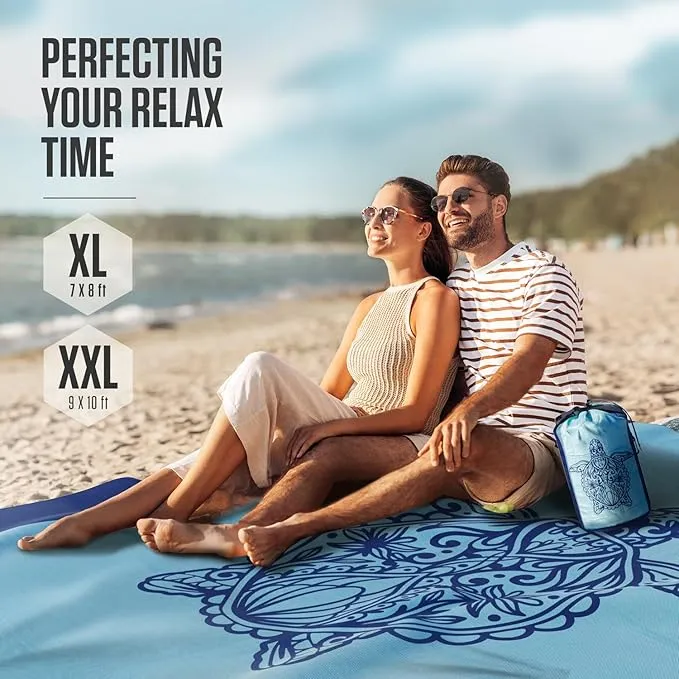 VENTURE 4TH Family-Size Beach Blanket: Sandproof, Waterproof, Lightweight & Compact. Includes Stakes and Carry Bag. 7x8 feet XL Mandala Turtle