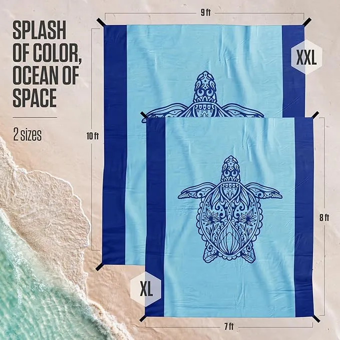 VENTURE 4TH Family-Size Beach Blanket: Sandproof, Waterproof, Lightweight & Compact. Includes Stakes and Carry Bag. 7x8 feet XL Mandala Turtle