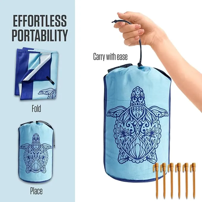 VENTURE 4TH Family-Size Beach Blanket: Sandproof, Waterproof, Lightweight & Compact. Includes Stakes and Carry Bag. 7x8 feet XL Mandala Turtle