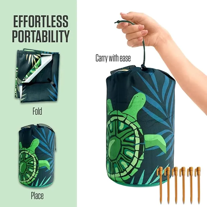 VENTURE 4TH Family-Size Beach Blanket: Sandproof, Waterproof, Lightweight & Compact. Includes Stakes and Carry Bag. 7x8 feet XL Navy Turtle