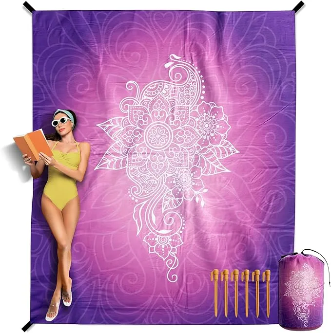 VENTURE 4TH Family-Size Beach Blanket: Sandproof, Waterproof, Lightweight & Compact. Includes Stakes and Carry Bag. 7x8 feet XL Purple Mandala