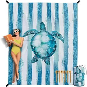 VENTURE 4TH Family-Size Beach Blanket: Sandproof, Waterproof, Lightweight & Compact. Includes Stakes and Carry Bag. 7x8 feet XL Striped Turtle