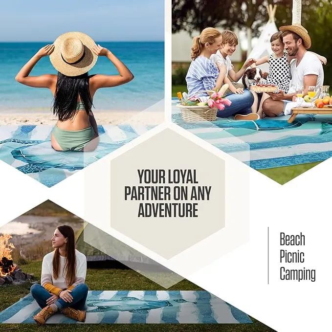 VENTURE 4TH Family-Size Beach Blanket: Sandproof, Waterproof, Lightweight & Compact. Includes Stakes and Carry Bag. 7x8 feet XL Striped Turtle