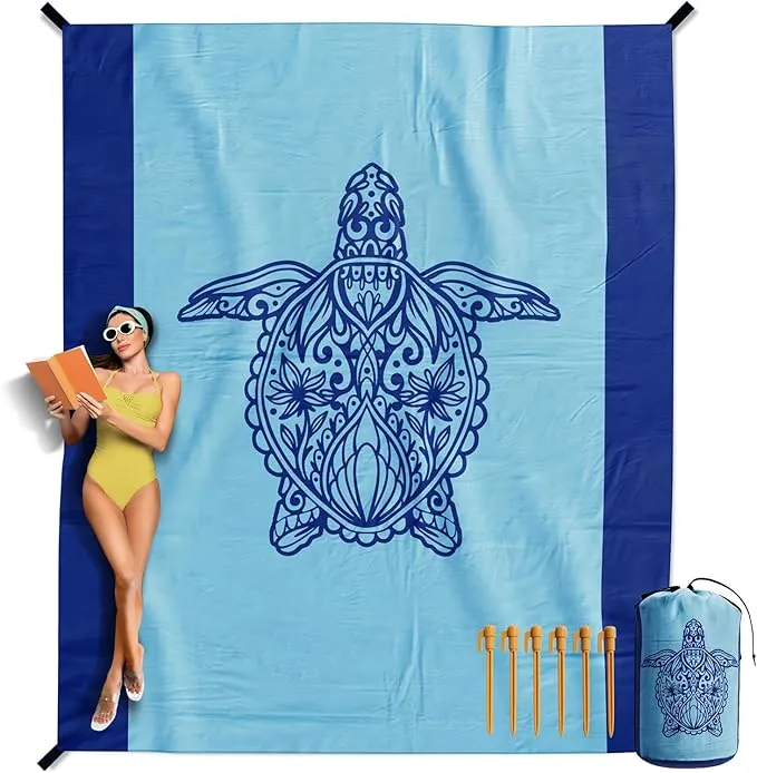 VENTURE 4TH Family-Size Beach Blanket: Sandproof, Waterproof, Lightweight & Compact. Includes Stakes and Carry Bag. 9x10 feet XXL Mandala Turtle