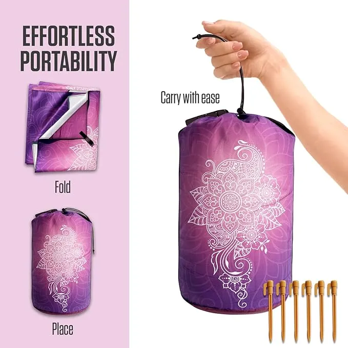 VENTURE 4TH Family-Size Beach Blanket: Sandproof, Waterproof, Lightweight & Compact. Includes Stakes and Carry Bag. 9x10 feet XXL Purple Mandala