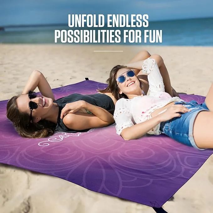 VENTURE 4TH Family-Size Beach Blanket: Sandproof, Waterproof, Lightweight & Compact. Includes Stakes and Carry Bag. 9x10 feet XXL Purple Mandala