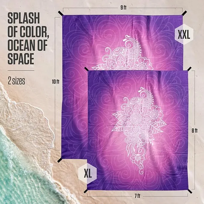 VENTURE 4TH Family-Size Beach Blanket: Sandproof, Waterproof, Lightweight & Compact. Includes Stakes and Carry Bag. 9x10 feet XXL Purple Mandala