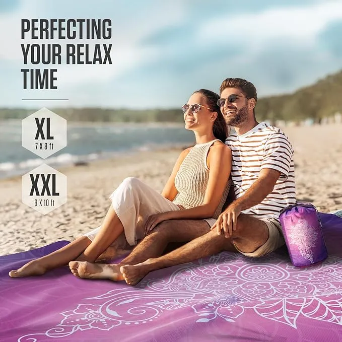 VENTURE 4TH Family-Size Beach Blanket: Sandproof, Waterproof, Lightweight & Compact. Includes Stakes and Carry Bag. 9x10 feet XXL Purple Mandala