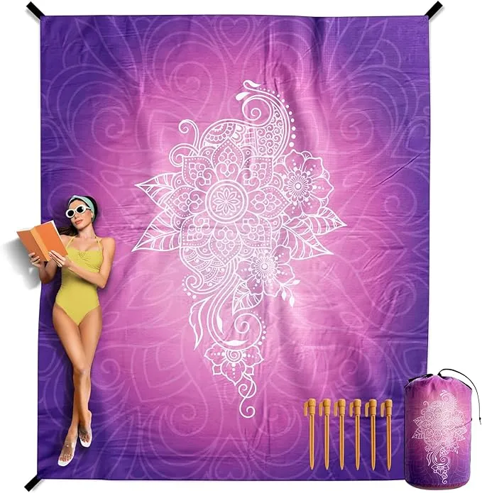 VENTURE 4TH Family-Size Beach Blanket: Sandproof, Waterproof, Lightweight & Compact. Includes Stakes and Carry Bag. 9x10 feet XXL Purple Mandala