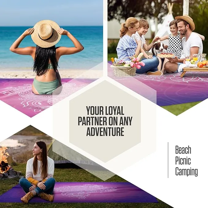 VENTURE 4TH Family-Size Beach Blanket: Sandproof, Waterproof, Lightweight & Compact. Includes Stakes and Carry Bag. 9x10 feet XXL Purple Mandala